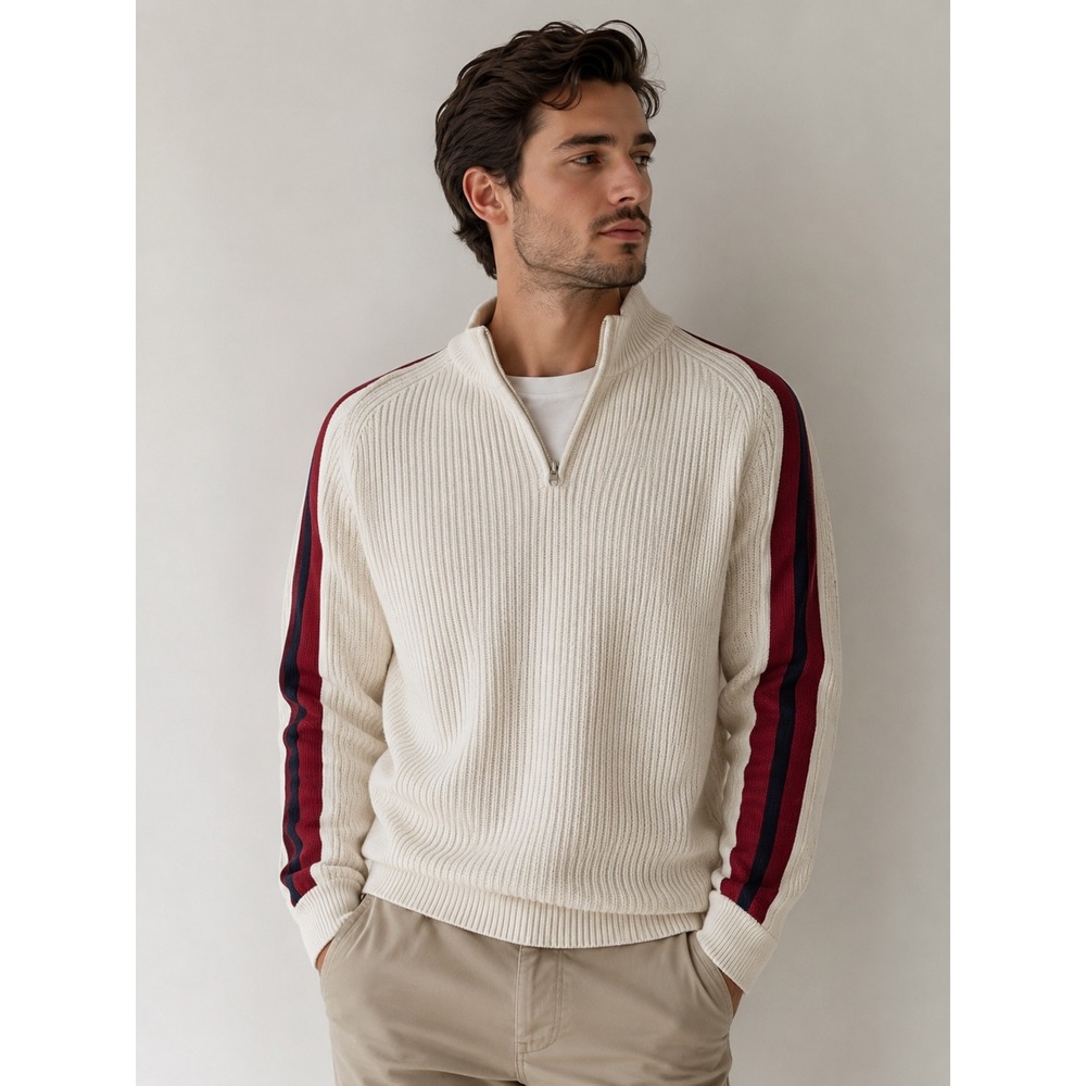 BODEN Quarter Zip Sweater Side Stripe Men XL Cream Cotton Ribbed Pullover